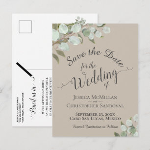 Eucalyptus & Greenery Taupe Wedding Save the Date Announcement Postcard
