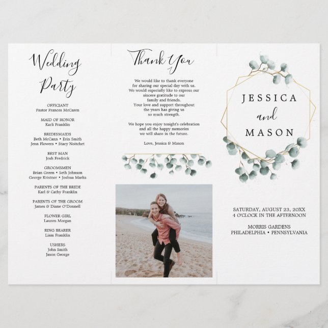 Eucalyptus Greenery Tri-Fold Wedding Program Photo Flyer (Front)