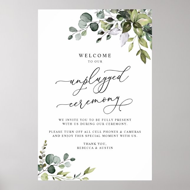 Eucalyptus Greenery Unplugged Wedding Ceremony Poster (Front)