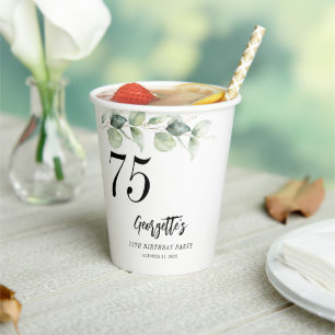 Eucalyptus Greenery Watercolor 75th Birthday Paper Cups