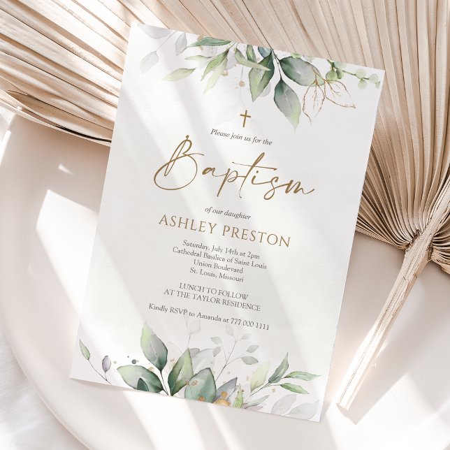 Eucalyptus Greenery Watercolor Baptism Invitation (Eucalyptus Greenery Watercolor Baptism Invitation Card)