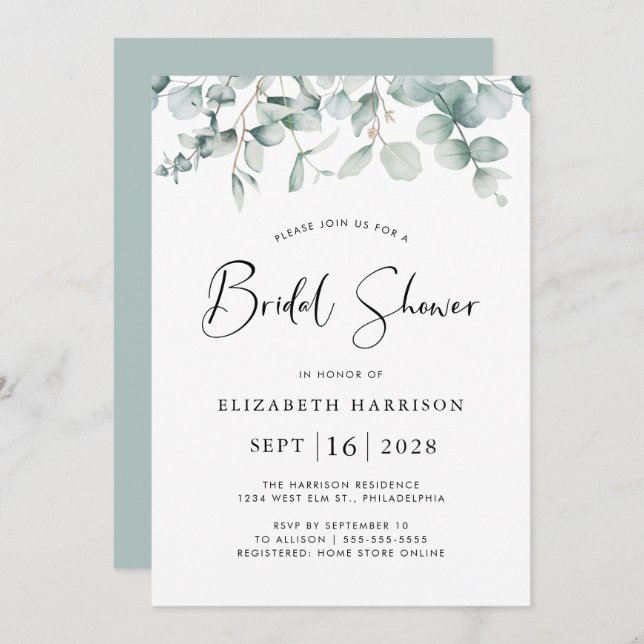 Eucalyptus Greenery Watercolor Bridal Shower Invitation (Front/Back)