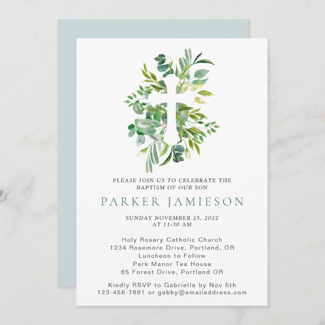 Eucalyptus Greenery Watercolor Cross Baptism  Invi Invitation (Front/Back)