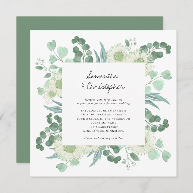 Eucalyptus Greenery Watercolor Flowers Wedding Invitation (Front/Back)