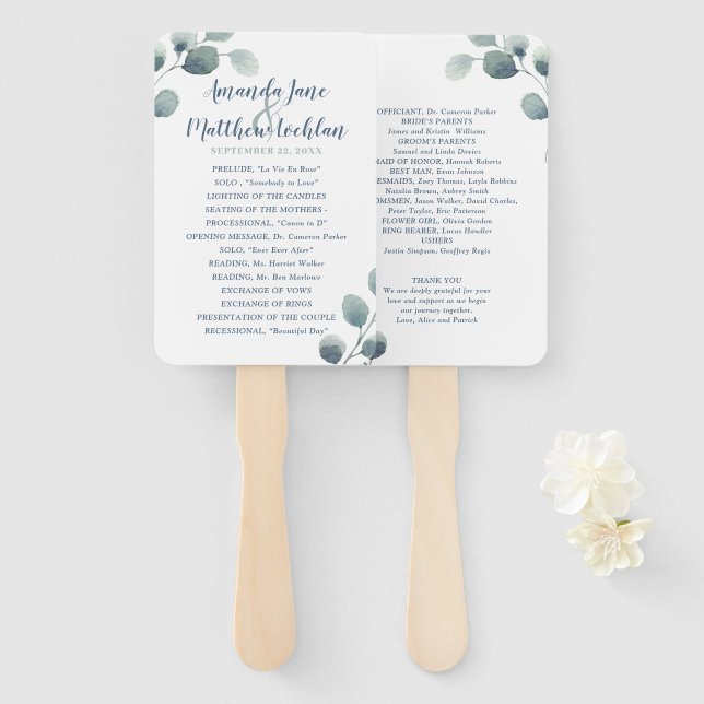 Eucalyptus Greenery Watercolor Foliage Dusty Blue Hand Fan (Front and Back)