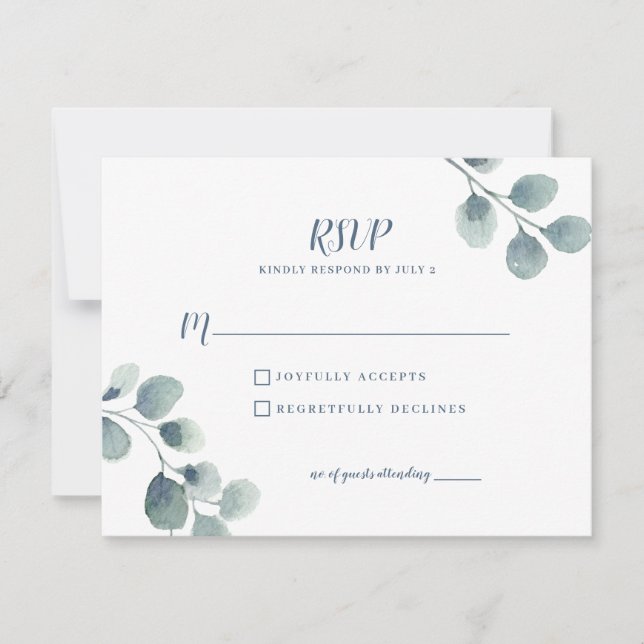Eucalyptus Greenery Watercolor Foliage Dusty Blue RSVP Card (Front)