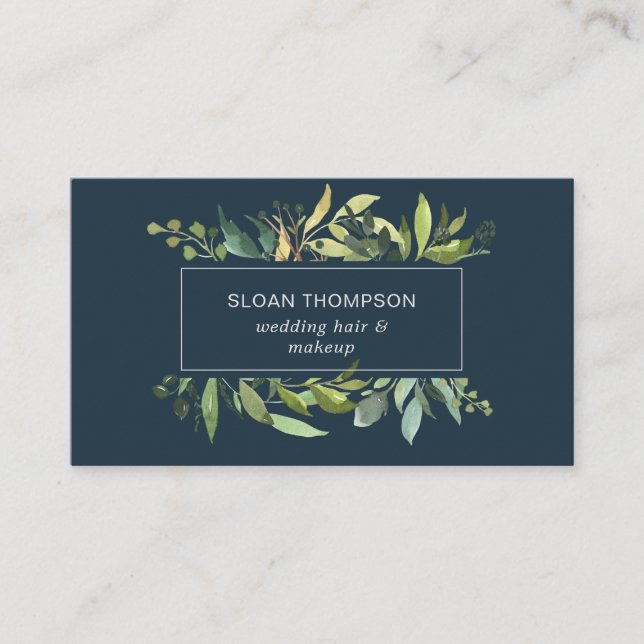 Eucalyptus Greenery Watercolor Navy Business Card (Front)