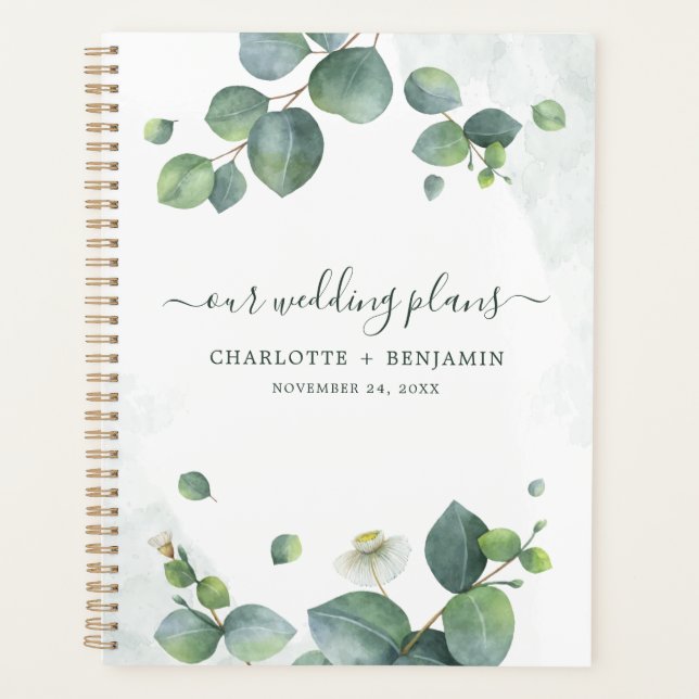Eucalyptus Greenery Watercolor Script Wedding Planner (Front)