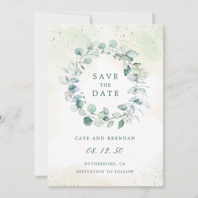 Eucalyptus Greenery Watercolor Wreath Wedding Save The Date (Front)