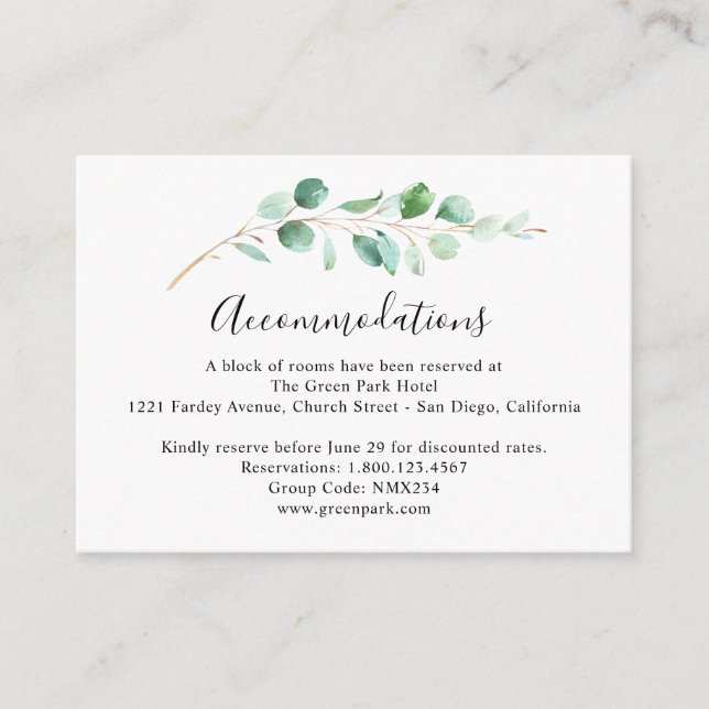Eucalyptus Greenery Wedding Accommodation Enclosure Card (Front)