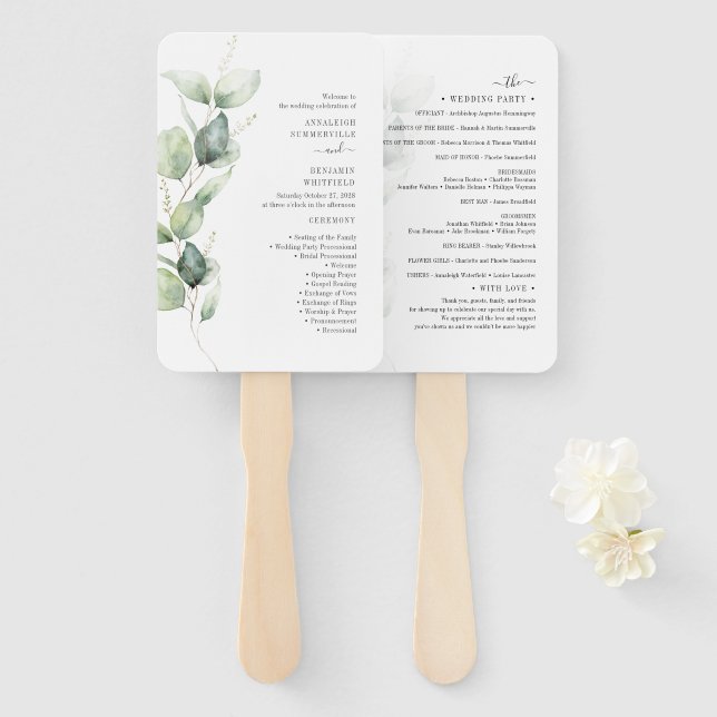 Eucalyptus Greenery Wedding Ceremony Program Hand Fan (Front and Back)