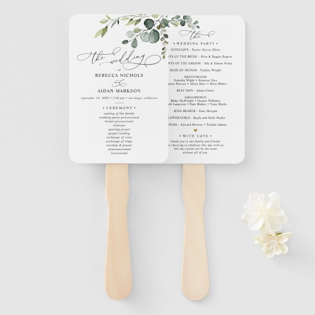 Eucalyptus Greenery Wedding Ceremony Program Hand Fan (Front and Back)