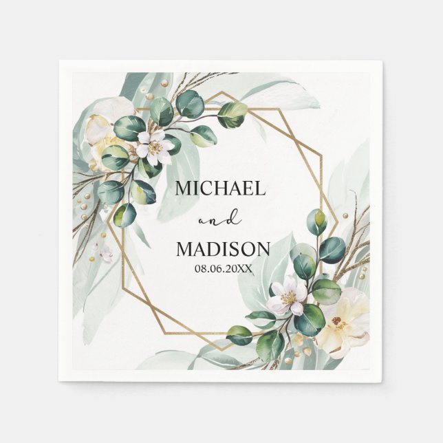 Eucalyptus Greenery Wedding Custom Names & Date Napkin (Front)