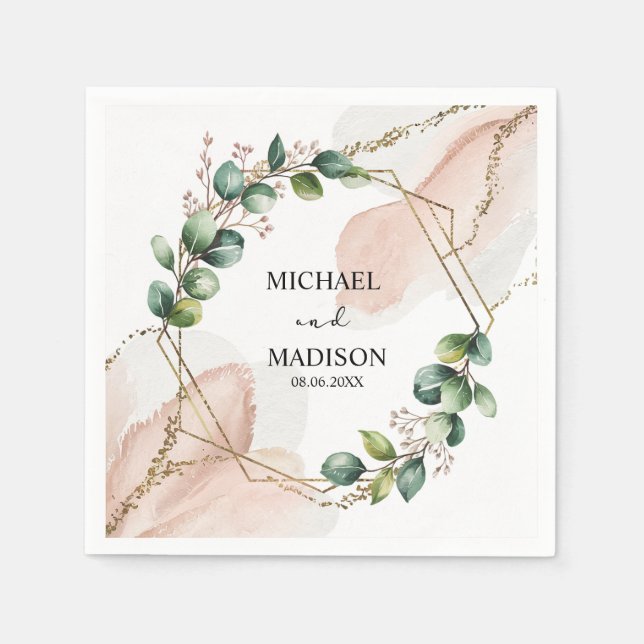 Eucalyptus Greenery Wedding Custom Names & Date Napkin (Front)