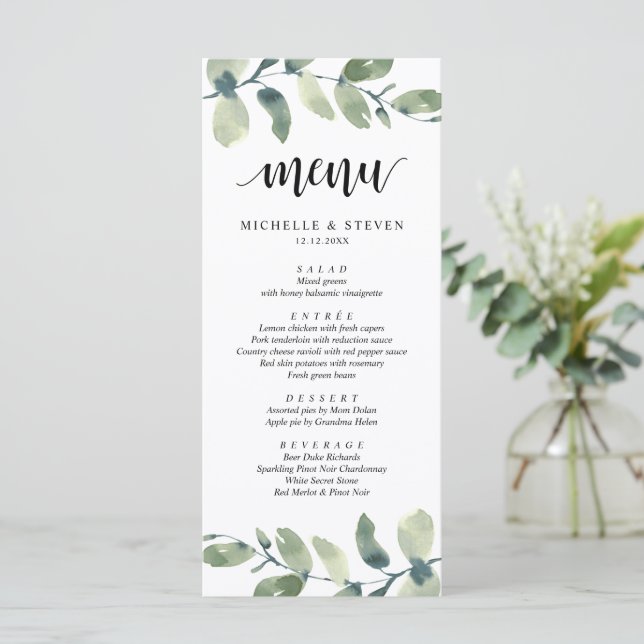 Eucalyptus Greenery Wedding Elopement Dinner Menu (Standing Front)