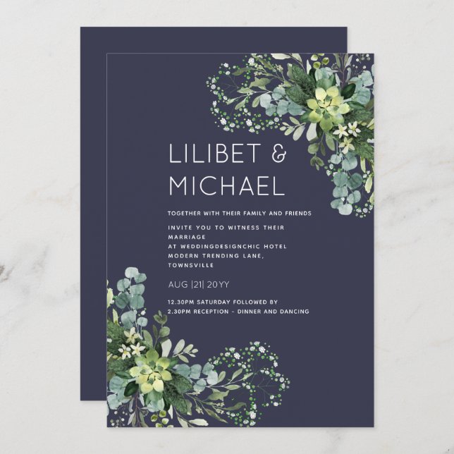 Eucalyptus Greenery Wedding Foliage Babys Breath Invitation (Front/Back)