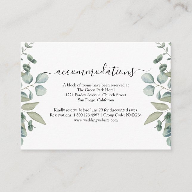 Eucalyptus Greenery Wedding hotel accommodations Enclosure Card (Front)