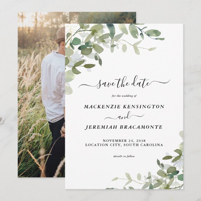Eucalyptus Greenery Wedding Photo Save the Date (Front/Back)