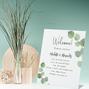 Eucalyptus greenery wedding program timeline pedestal sign