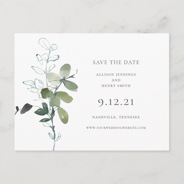 Eucalyptus Greenery Wedding Save the Date Announcement Postcard (Front)