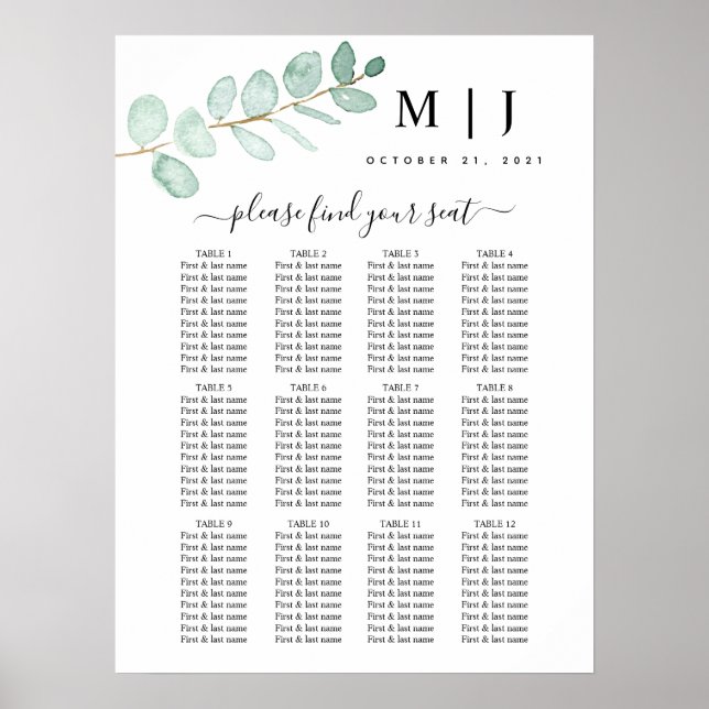 Eucalyptus Greenery Wedding Seating Chart (Front)