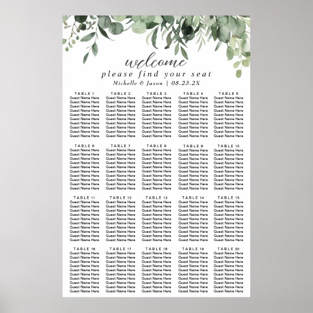 Eucalyptus Greenery Wedding Seating Chart 20 Table (Front)