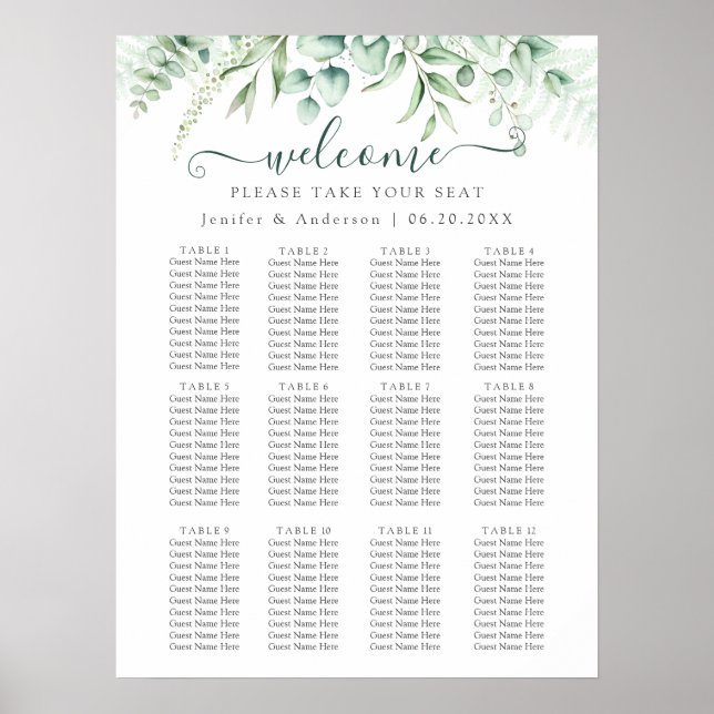 Eucalyptus Greenery Wedding Seating Chart Poster (Front)