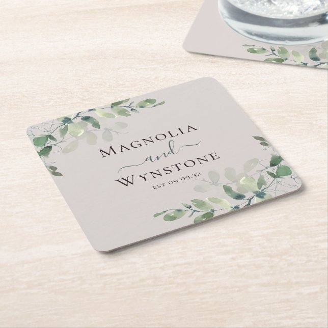 Eucalyptus Greenery Wedding  Square  Paper Coaster (Angled)