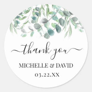 Eucalyptus Greenery Wedding Thank You Name Script Classic Round Sticker