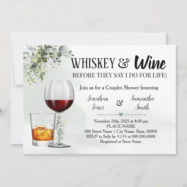 Eucalyptus greenery whiskey & wine couples shower invitation (Front)