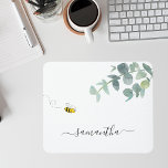 Eucalyptus greenery white bee name mouse pad<br><div class="desc">A chic white background. Decorated with watercolored eucalyptus greenery, foliage and a cute, happy smiling bee. Personalise and add your name. The name is written with a modern hand lettered style script with swashes. To keep the swashes only delete the sample name, leave the spaces or emoji's in front and...</div>