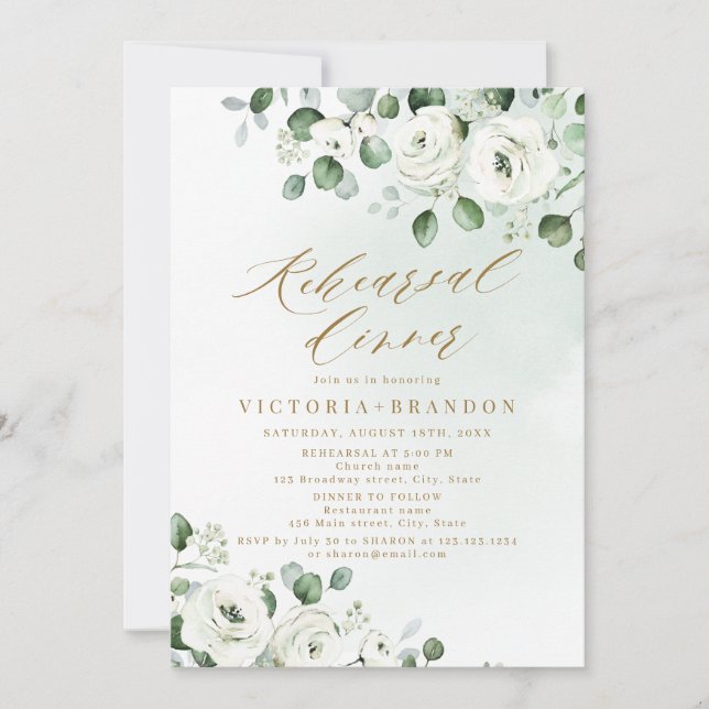 Eucalyptus greenery white floral rehearsal dinner invitation (Front)