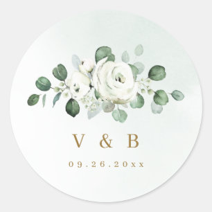 Eucalyptus Greenery white floral rustic monogram Classic Round Sticker
