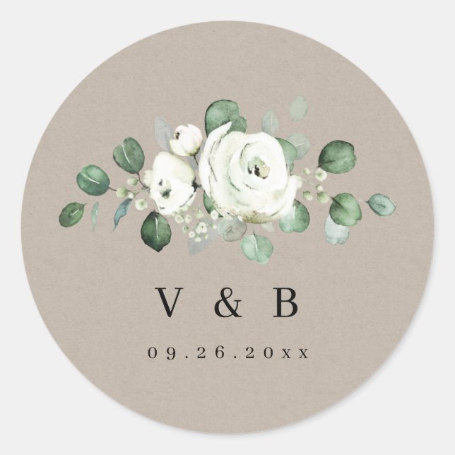 Eucalyptus Greenery white floral rustic monogram Classic Round Sticker (Front)