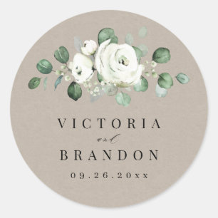 Eucalyptus Greenery white floral rustic monogram Classic Round Sticker
