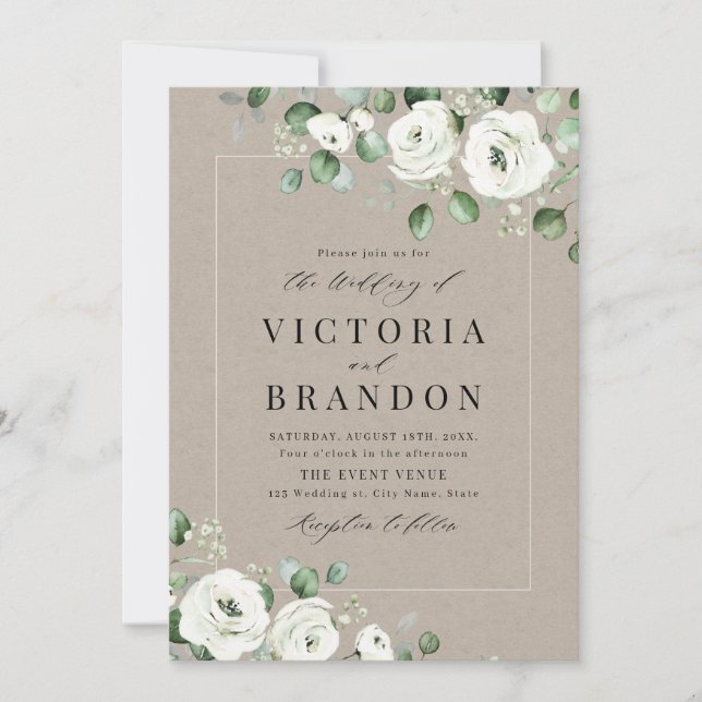 Eucalyptus greenery white floral rustic wedding invitation (Front)