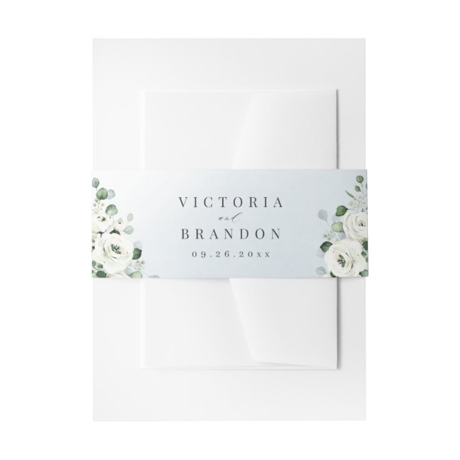 Eucalyptus Greenery white floral rustic wedding Invitation Belly Band (Front Example)