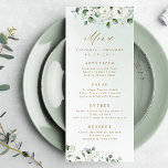 Eucalyptus Greenery white floral rustic wedding Menu<br><div class="desc">Modern chic watercolor white floral eucalyptus greenery with gold colour text on dusty green background,  with trendy menu script,  elegant and stylish,  great wedding menus for rustic wedding,  botanical wedding and beach wedding in spring and summer. 
See all the matching pieces in collection</div>
