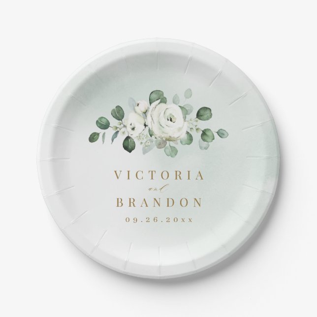 Eucalyptus Greenery white floral rustic wedding Paper Plate (Front)