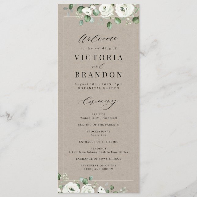 Eucalyptus Greenery white floral rustic wedding Programme (Front)