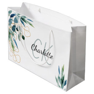 Eucalyptus greenery white gold monogram large gift bag