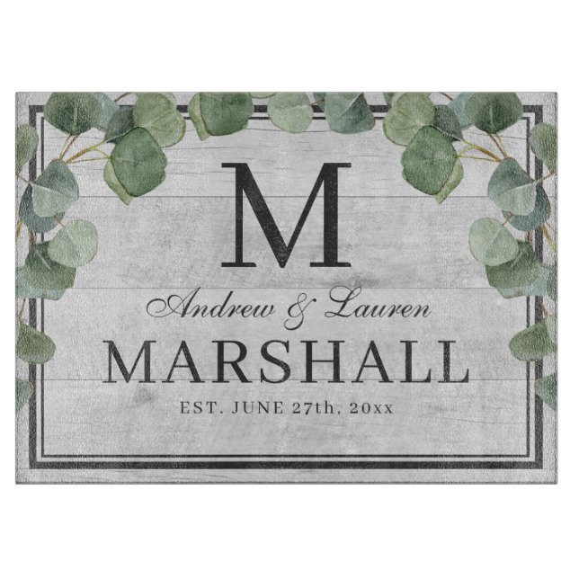 Eucalyptus Greenery White Wood Couple Wedding Gift Cutting Board (Front)
