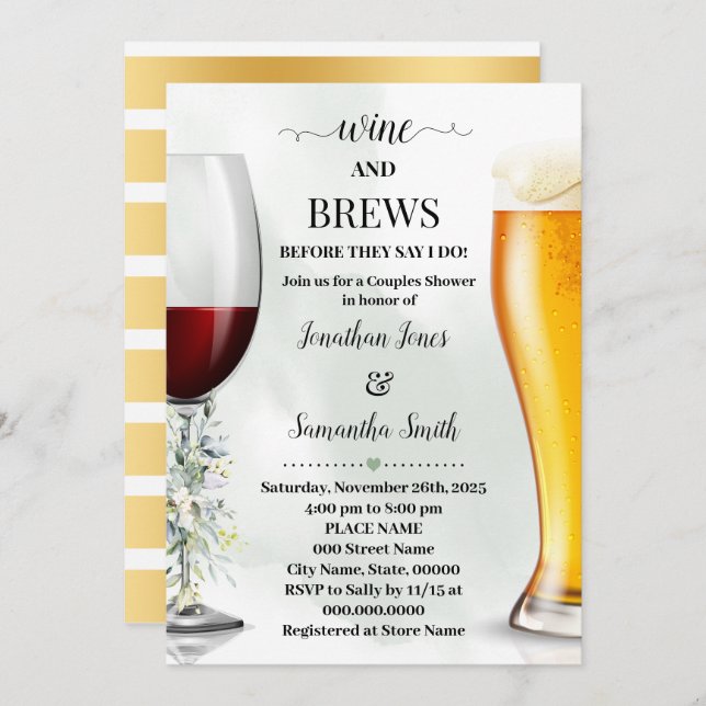Eucalyptus Greenery Wine and Brews Couples Shower Invitation (Front/Back)