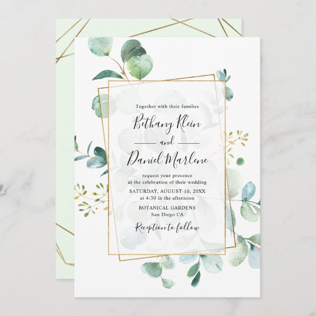 Eucalyptus Greenery with Geometric Frame Wedding Invitation (Front/Back)