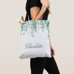 Eucalyptus greenery woodland fern name tote bag<br><div class="desc">White background.  Decorated with eucalyptus greenery foliage and woodland fern. Personalise and add your name.</div>