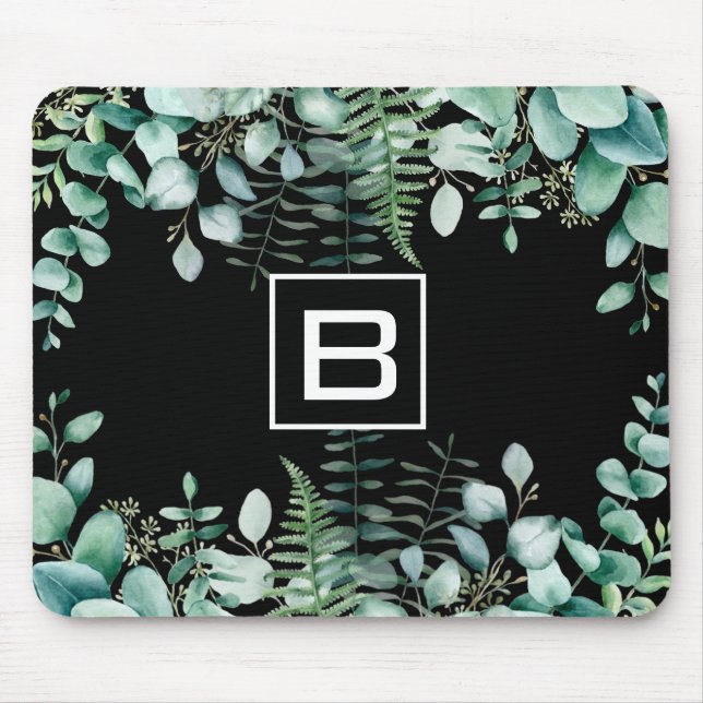 Eucalyptus greenery woodland ferns monogram black mouse pad (Front)