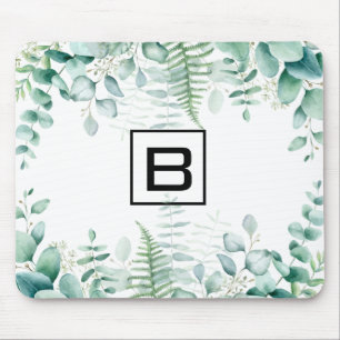 Eucalyptus greenery woodland ferns monogram mouse pad