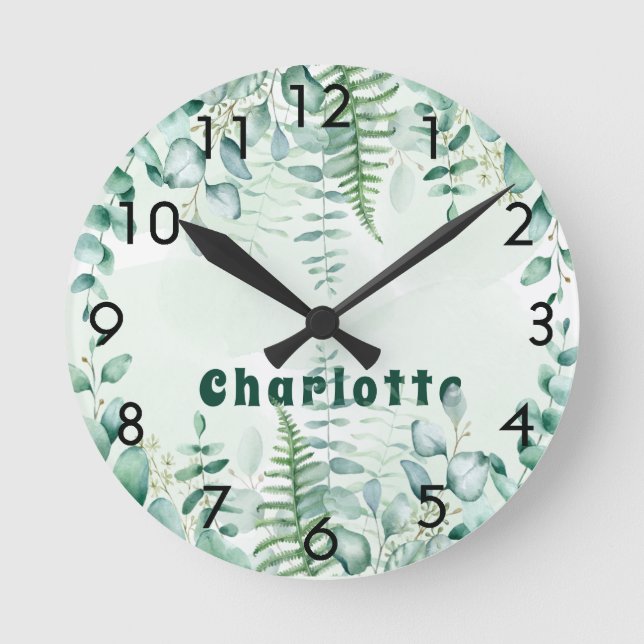 Eucalyptus greenery woodland forest name round clock (Front)