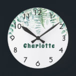 Eucalyptus greenery woodland forest name round clock<br><div class="desc">A white background. Decorated with eucalyptus greenery foliage and woodland fern. Personalise and add a name.</div>