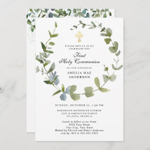Eucalyptus Greenery Wreath Cross Holy Communion Invitation